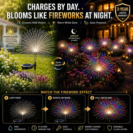 Topacme solar firework garden lights charges by day blooms like fireworks at night