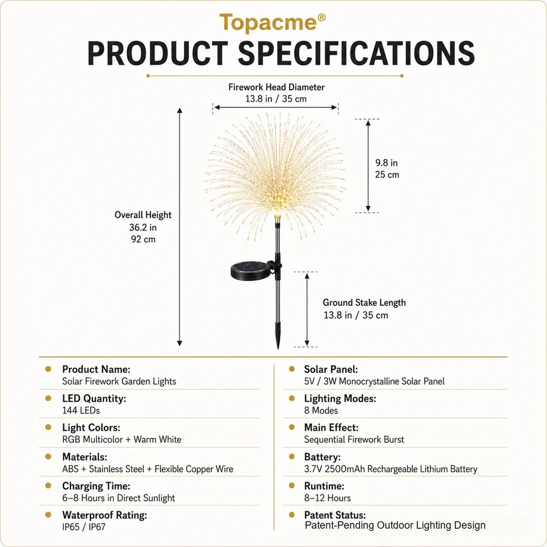 Topacme solar firework garden lights product specifications table
