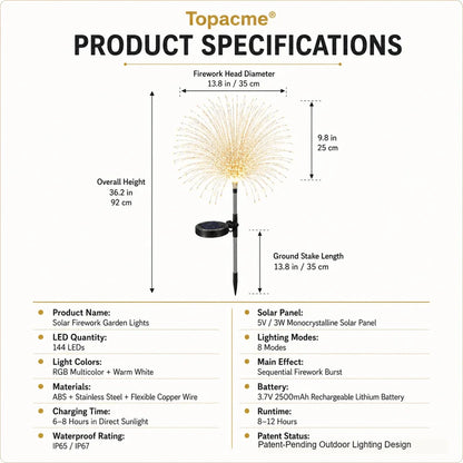 Topacme solar firework garden lights product specifications table