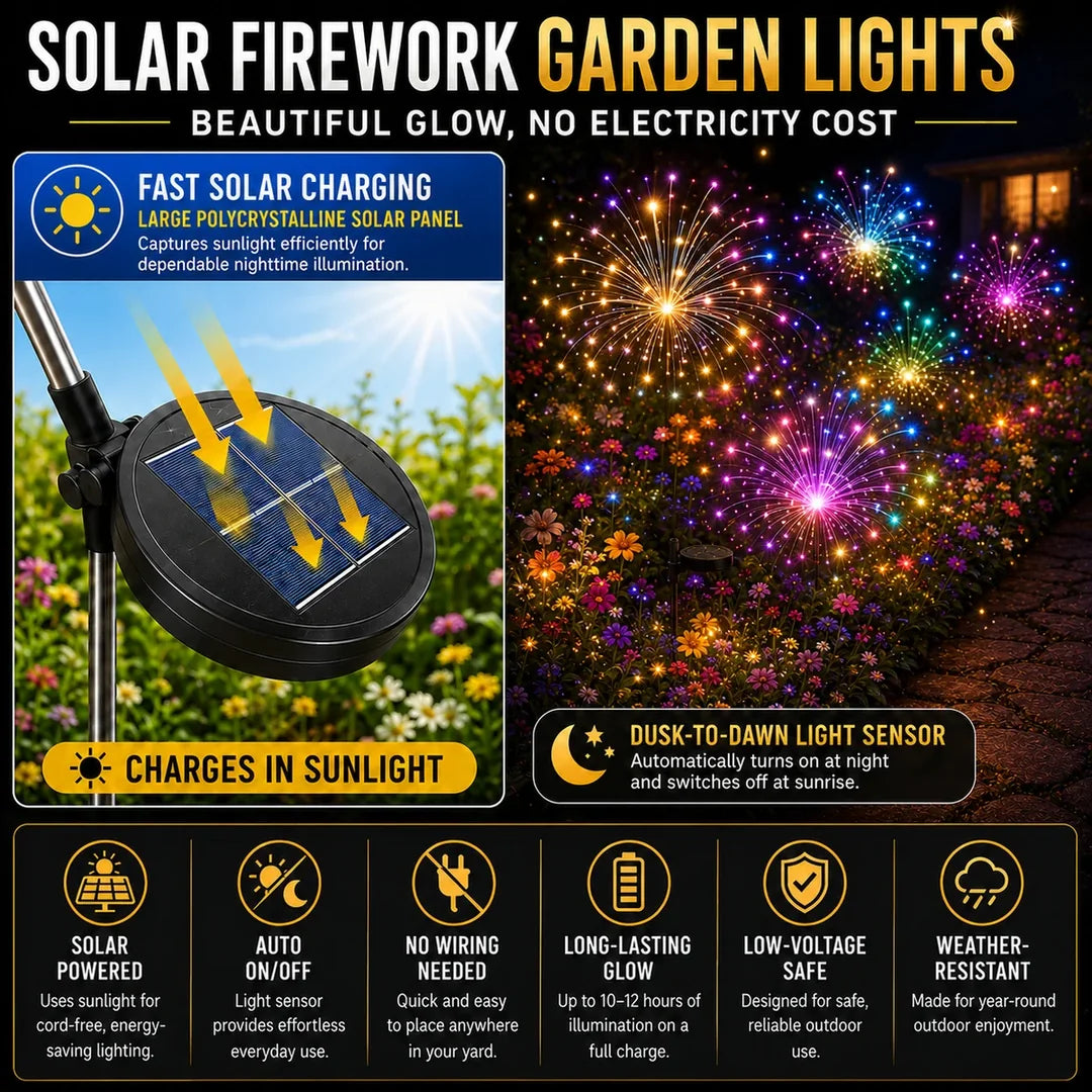 Solar firework garden lights fast solar charging dusk-to-dawn no electricity cost card