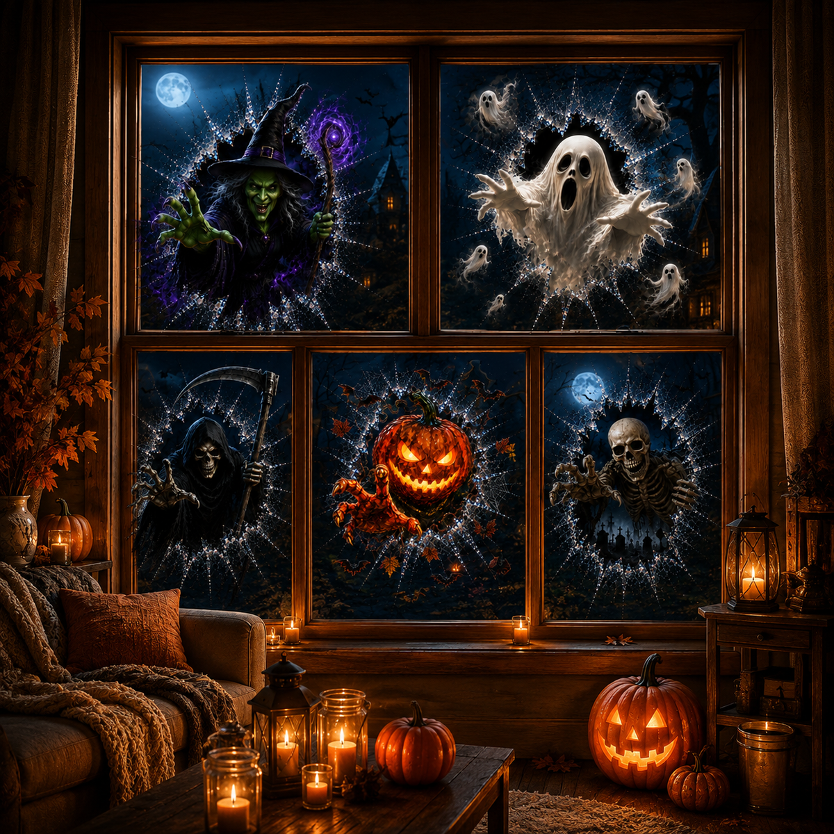2026 Halloweenske nálepky na okno – 🎃🔥 3D efekt prasknutého skla a strašidelná dekorácia pre dokonalú halloweensku atmosféru