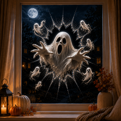 2026 Halloweenske nálepky na okno – 🎃🔥 3D efekt prasknutého skla a strašidelná dekorácia pre dokonalú halloweensku atmosféru