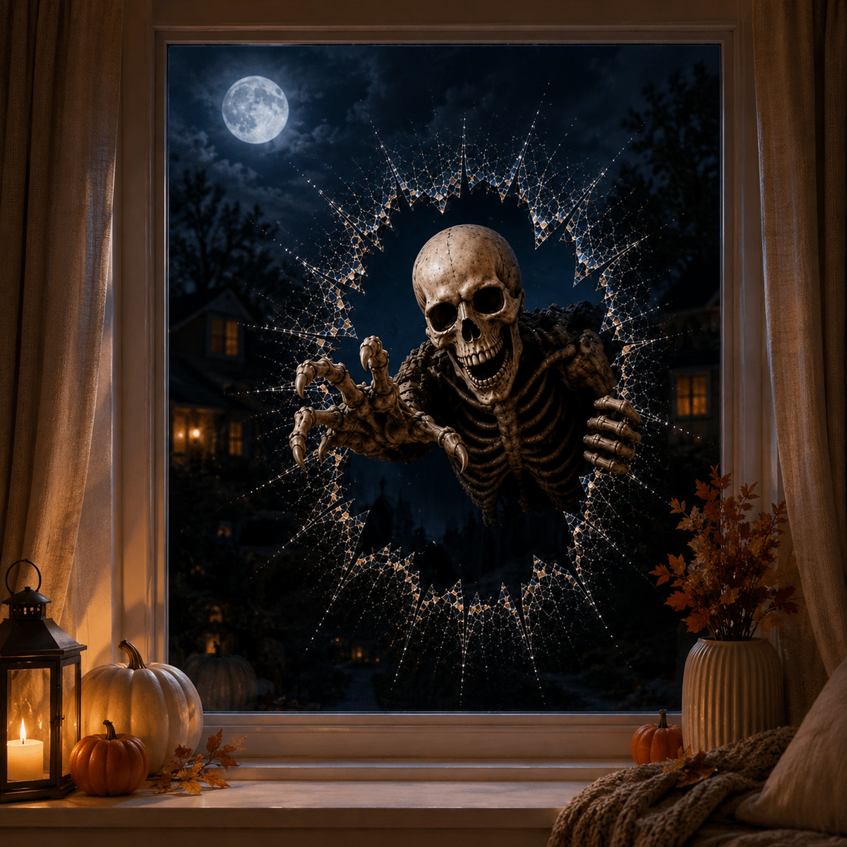 2026 Halloweenske nálepky na okno – 🎃🔥 3D efekt prasknutého skla a strašidelná dekorácia pre dokonalú halloweensku atmosféru