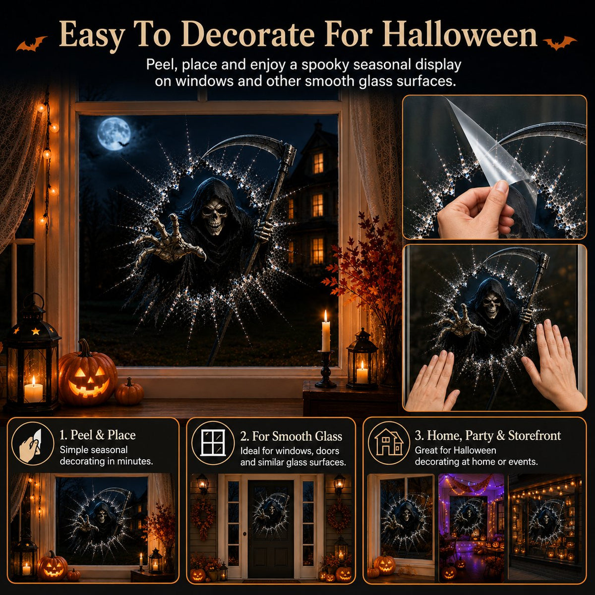 2026 Halloweenske nálepky na okno – 🎃🔥 3D efekt prasknutého skla a strašidelná dekorácia pre dokonalú halloweensku atmosféru