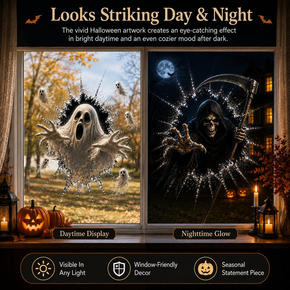 2026 Halloweenske nálepky na okno – 🎃🔥 3D efekt prasknutého skla a strašidelná dekorácia pre dokonalú halloweensku atmosféru