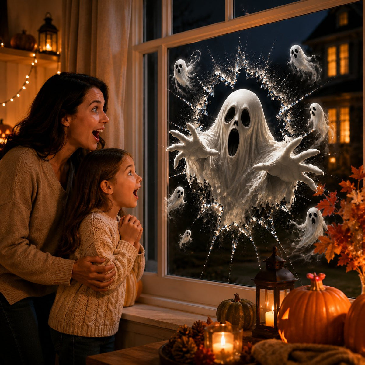 2026 Halloweenske nálepky na okno – 🎃🔥 3D efekt prasknutého skla a strašidelná dekorácia pre dokonalú halloweensku atmosféru